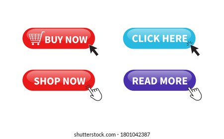 Buy Now Button. Shop Now, Click Here, Read More Buttons. Vector Illustration. On White Background