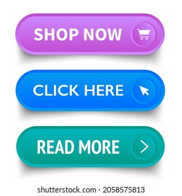 Buy Now Button. Shop Now, Click Here, Read More Buttons. Vector Illustration. On White Background
