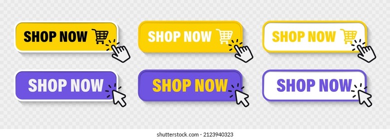 Buy now button with shopping cart. Shop now. Modern collection for web site. Online shopping. Click here, apply, buttons hand pointer clicking. Web design elements. Vector illustration - Shutterstock ID 2123940323