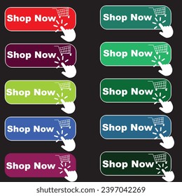Buy now button with shopping cart. Shop now. Modern collection for web site. Online shopping. Click here, apply, buttons hand pointer clicking. Web design elements. Vector illustration