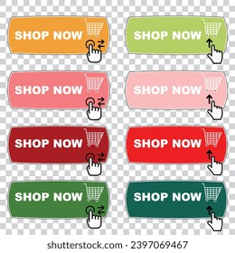 Buy now button with shopping cart. Shop now. Modern collection for web site. Online shopping. Click here, apply, buttons hand pointer clicking. Web design elements. Vector illustration