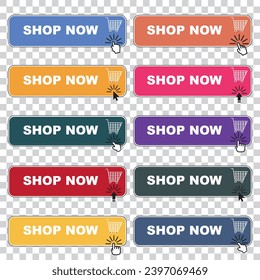 Buy now button with shopping cart. Shop now. Modern collection for web site. Online shopping. Click here, apply, buttons hand pointer clicking. Web design elements. Vector illustration