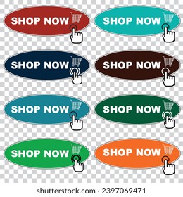Buy now button with shopping cart. Shop now. Modern collection for web site. Online shopping. Click here, apply, buttons hand pointer clicking. Web design elements. Vector illustration