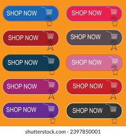 Buy now button with shopping cart. Shop now. Modern collection for web site. Online shopping. Click here, apply, buttons hand pointer clicking. Web design elements. Vector illustration