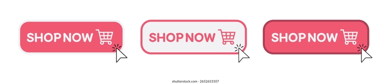 Botão Comprar agora com carrinho de compras. Compre agora. Coleção moderna para o site. Compras online. Clique aqui, aplique, ponteiro de mão botões clicando. Elementos de design da Web. Ilustração vetorial	