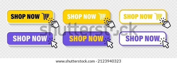 Buy\
now button with shopping cart. Shop now. Modern collection for web\
site. Online shopping. Click here, apply, buttons hand pointer\
clicking. Web design elements. Vector\
illustration