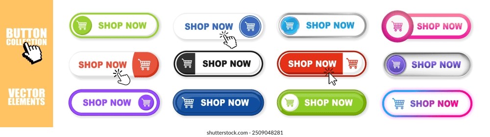 Buy now button web banner set on transparent background. Buy now hand pointer clicking. Click here banner with shadow. Online shopping