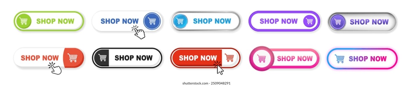 Buy now button web banner set on transparent background. Buy now hand pointer clicking. Click here banner with shadow. Online shopping