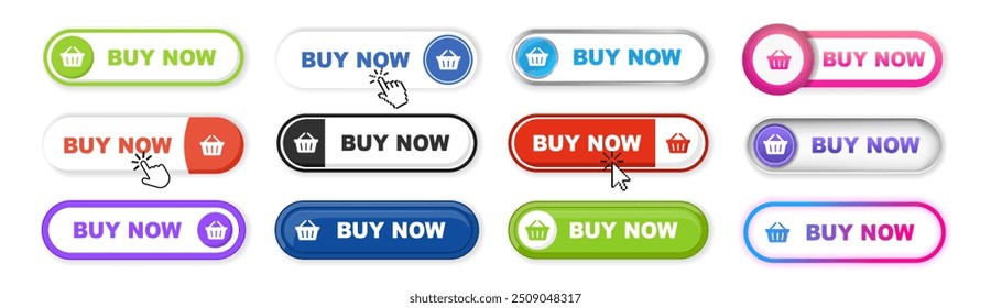 Buy now button web banner set on transparent background. Buy now hand pointer clicking. Click here banner with shadow. Online shopping