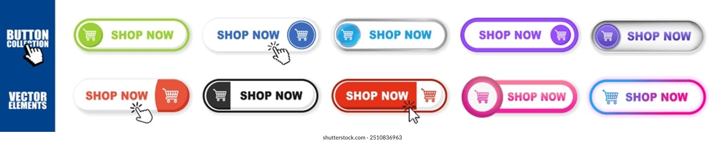 Buy now button web banner set on transparent background. Buy now hand pointer clicking. Click here banner with shadow. Online shopping