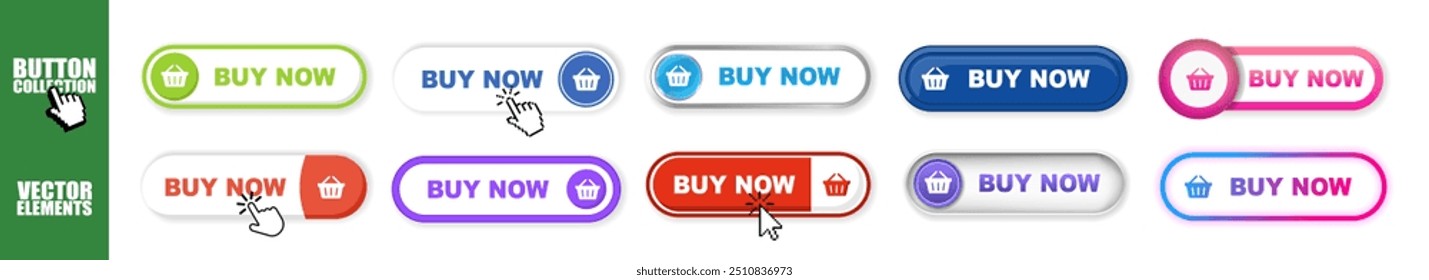 Buy now button web banner set on transparent background. Buy now hand pointer clicking. Click here banner with shadow. Online shopping