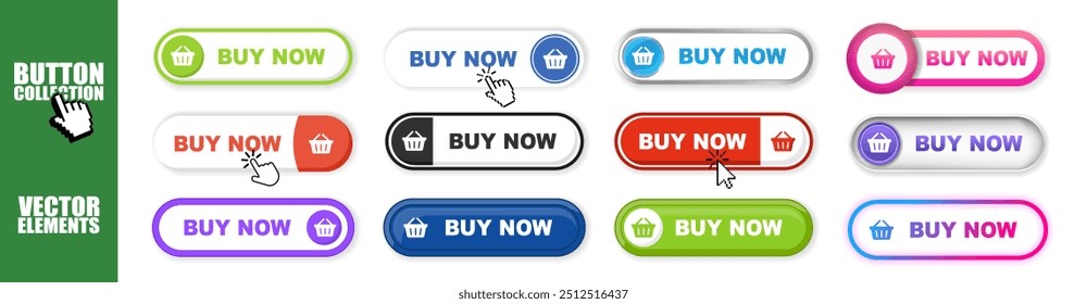 Buy now button web banner set on transparent background. Buy now hand pointer clicking. Click here banner with shadow. Online shopping