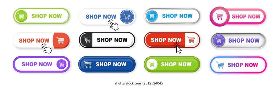 Buy now button web banner set on transparent background. Buy now hand pointer clicking. Click here banner with shadow. Online shopping