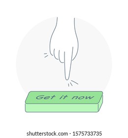 Buy Now, call to action button and human hand is ready to click on it. Inbound or permission marketing, lead conversion concept. Flat light outline vector illustration on white.