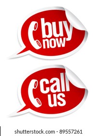 Buy now, call us stickers in form of speech bubbles.