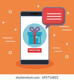 buy now in the cellphone gift bubble speech over orange background