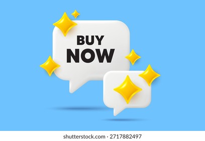 Comprar ahora burbuja de discurso de chat. Concepto de medios sociales. Obtener ahora Etiqueta. Muestra de Precio de oferta especial. Símbolo de Descuentos publicitarios. Burbuja de chat de destellos 3D. Vector