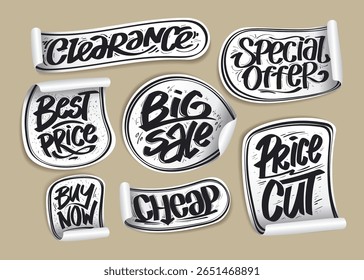 Compre agora, barato, oferta especial, redução de preço, bater preço e limpeza - vetor preto e branco adesivos definir