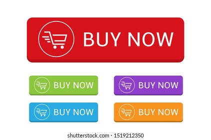 Buy now. Colored Buy it now banner template set, basket icon