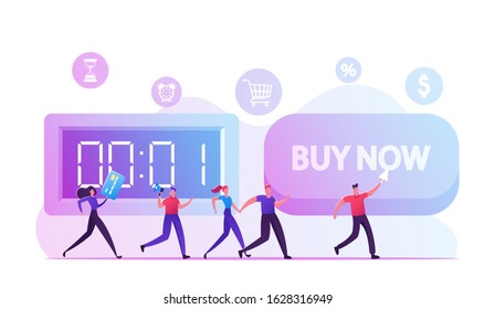 Buy Now Concept. Alert Advertising Campaign, Propaganda Speech, Pr Social Media Promotion, Online Public Relation Affairs. Man Shouting to Megaphone or Loudspeaker. Cartoon Flat Vector Illustration