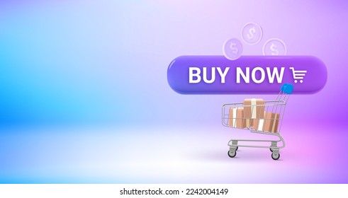 Buy now concept with button and shopping trolley. Vector 3d banner with copy space
