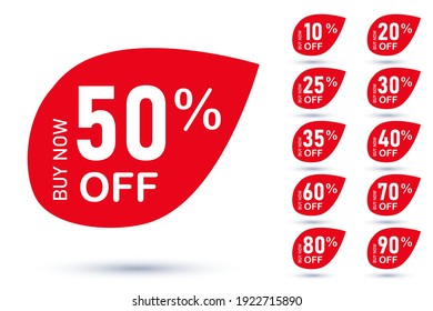 Buy now with different percent discount leaf shape label set. Sell off advertising red badge sticker template with various commercial offer vector illustration isolated on white background