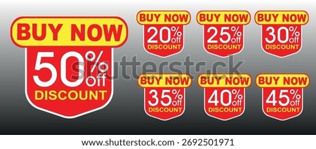 Buy Now Discount Badges Vector Set - 20, 25, 30, 35, 40, 45, 50 Percent Off Shield Labels