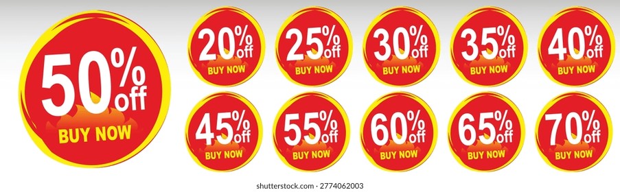 Buy now discount circular labels set, 20, 25, 30, 35, 40, 45, 50, 55, 60, 65, 70, percent off price tags, red fire sale banners, promotion element, speech bubble style stickers, vector badges