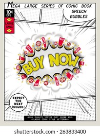 Buy now. Explosion in comic style with lettering and realistic puffs smoke. 3D pop art speech bubble. Vector graphics CMYK