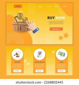 Buy now flat landing page website template. Auction, digital wallet, cash. Web banner with header, content and footer. Vector illustration.