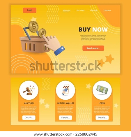 Buy now flat landing page website template. Auction, digital wallet, cash. Web banner with header, content and footer. Vector illustration.