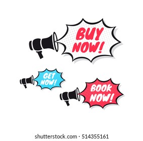 Buy Now, Get Now & Book Now Megaphone Icons