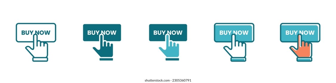 Buy now icon set with hand pointer clicking the button vector purchase or order product design 