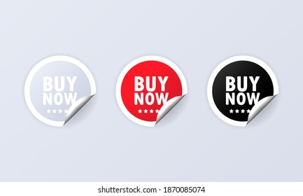 Buy now icon. Sticker set. Discount vector. Buy now labels set. Black, red and green round circle tags. Sale tags badges template. Discount promotion. Vector illustration. EPS10