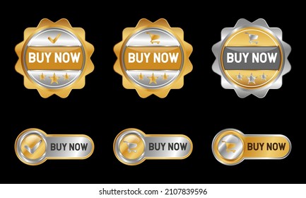 Buy Now Label, Stamp, Badge, Or Logo. With Shopping Chart, Star, And Check Icon. On Platinum, Gold, And Silver Colors. Premium And Luxury Emblem Vector