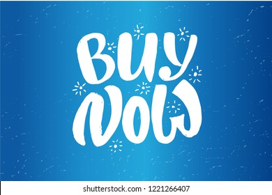 Buy Now lettering on blue gradient background with sparkles and snowflakes. White text  on textured background for winter sale, Black Friday Sale, special sale, promotion, website banner. 