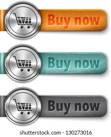 Buy now metallic web element with colored leather straps. Vector illustration
