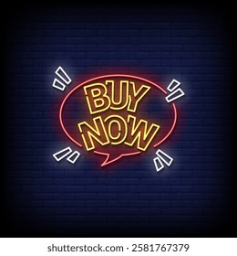 buy now neon sign with brick wall background vector