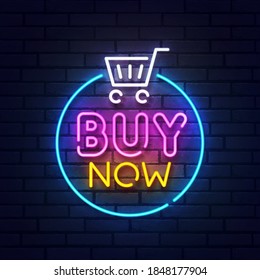 Buy Now neon sign. Glowing neon light signboard of shopping. Sign of buy now with colorful neon lights isolated on brick wall. Vector illustration