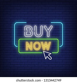 Buy now neon sign. Online store buttons on brick wall background. Vector illustration in neon style for banners, posters, ads