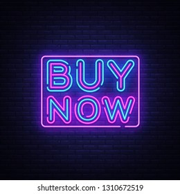 Buy Now neon text vector design template. Buy Now neon sign, light banner design element colorful modern design trend, night bright advertising, bright sign. Vector illustration