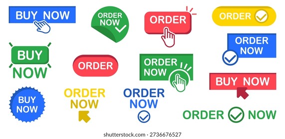 Buy now and order now buttons collection with icons. Call to action labels in flat colorful style