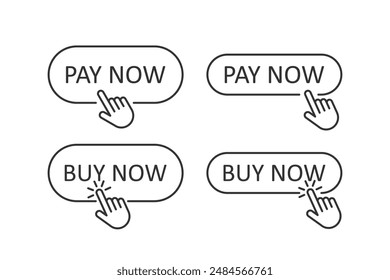 Buy now, pay now button icon UI. Hand cursor, online shopping, purchase. Flat line and colored vector illustration.