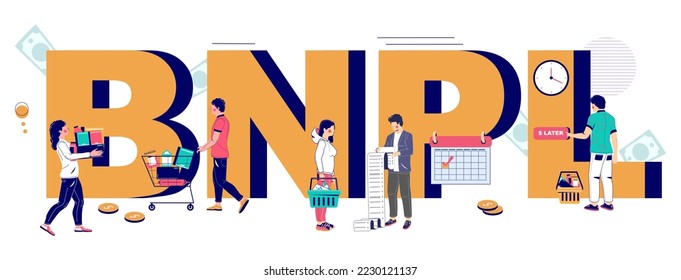 Buy now pay later BNPL online shopping vector poster. Retail e-commerce, digital marketing, credit purchase on internet with sale discount concept