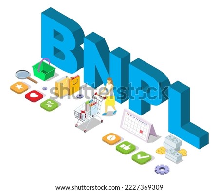 Buy now pay later concept. BNPL purchase for online shopping 3d vector illustration. Credit payment for retail sale commerce offer. Convenient customer service promotion