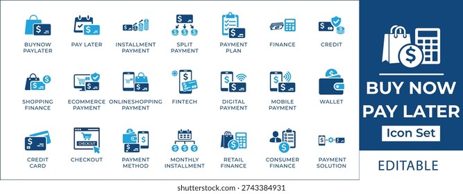 Buy now pay later icon set featuring installment payment, financial credit, digital wallet, consumer finance, monthly payment plan, and fintech online transaction symbols.