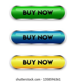 Buy now - Realistic vector button with steel borders. A set of convex buttons in green, yellow and blue with glossy effect. (Free font used - "Lemon/Milk bold")