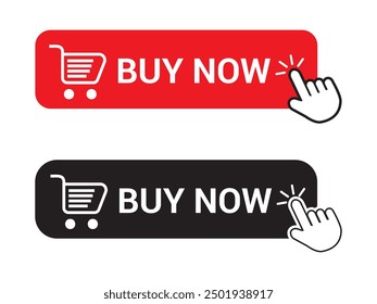 Buy now red and block button with click hand cursor icon, Button hand pointer clicking. Click here banner with shadow. Click button isolated. Online shopping.