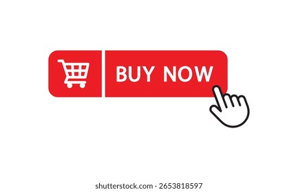 Buy now red button with click hand cursor icon vector