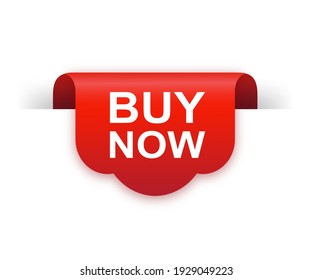 Buy now red ribbon isolated on white background. Red label, banner for any purposes. Vector illustration.